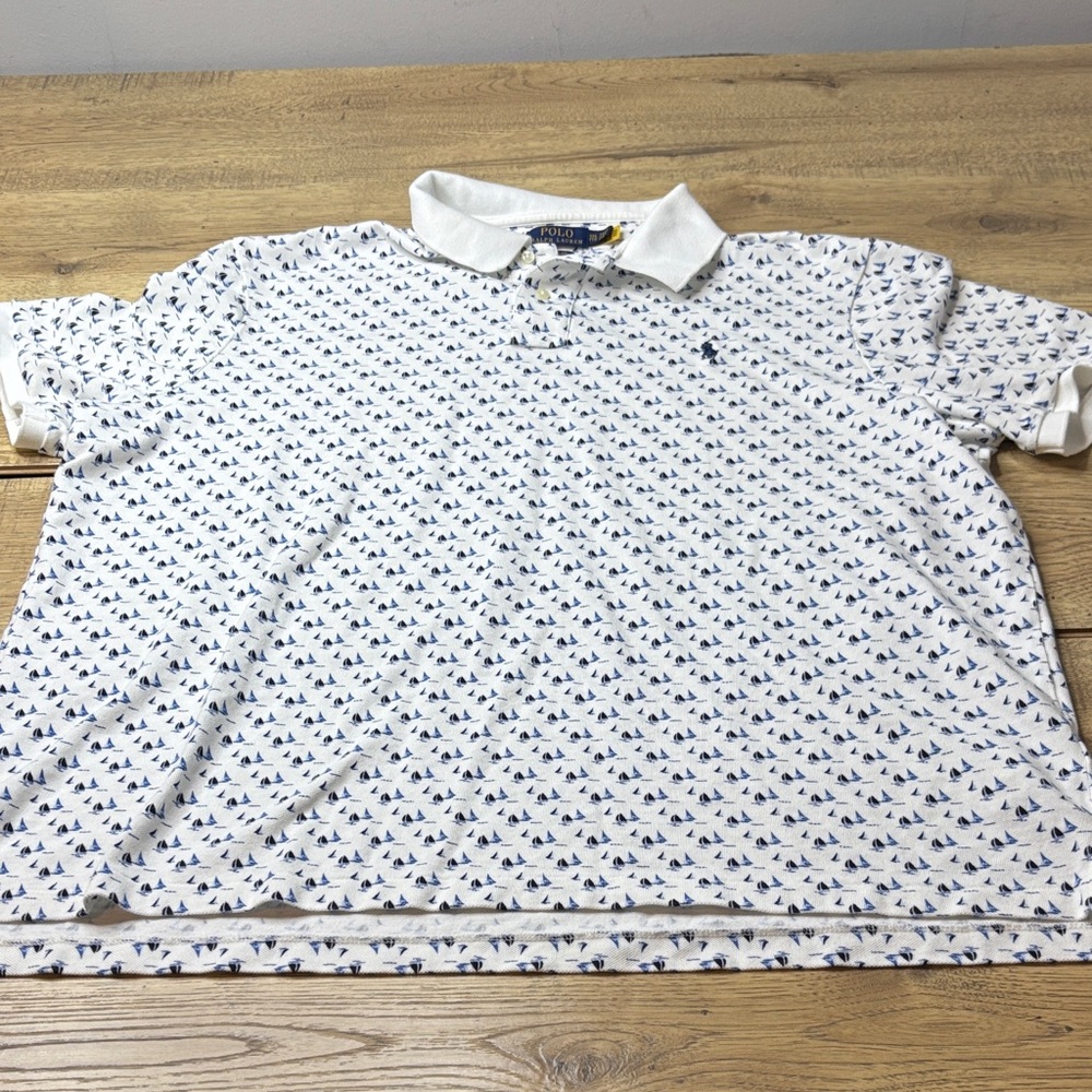 Men’s Polo by Ralph Lauren White Polo Shirt with Navy Sailboat Print Size XXL